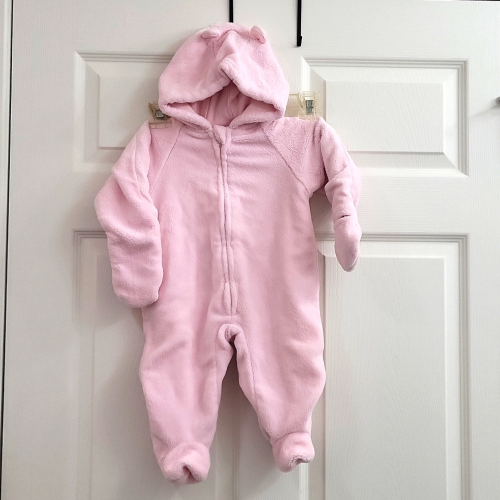Small Wonders Hooded Fleece Pink Onsie Snowsuit with Teddy Bear Ears 6/9 Months